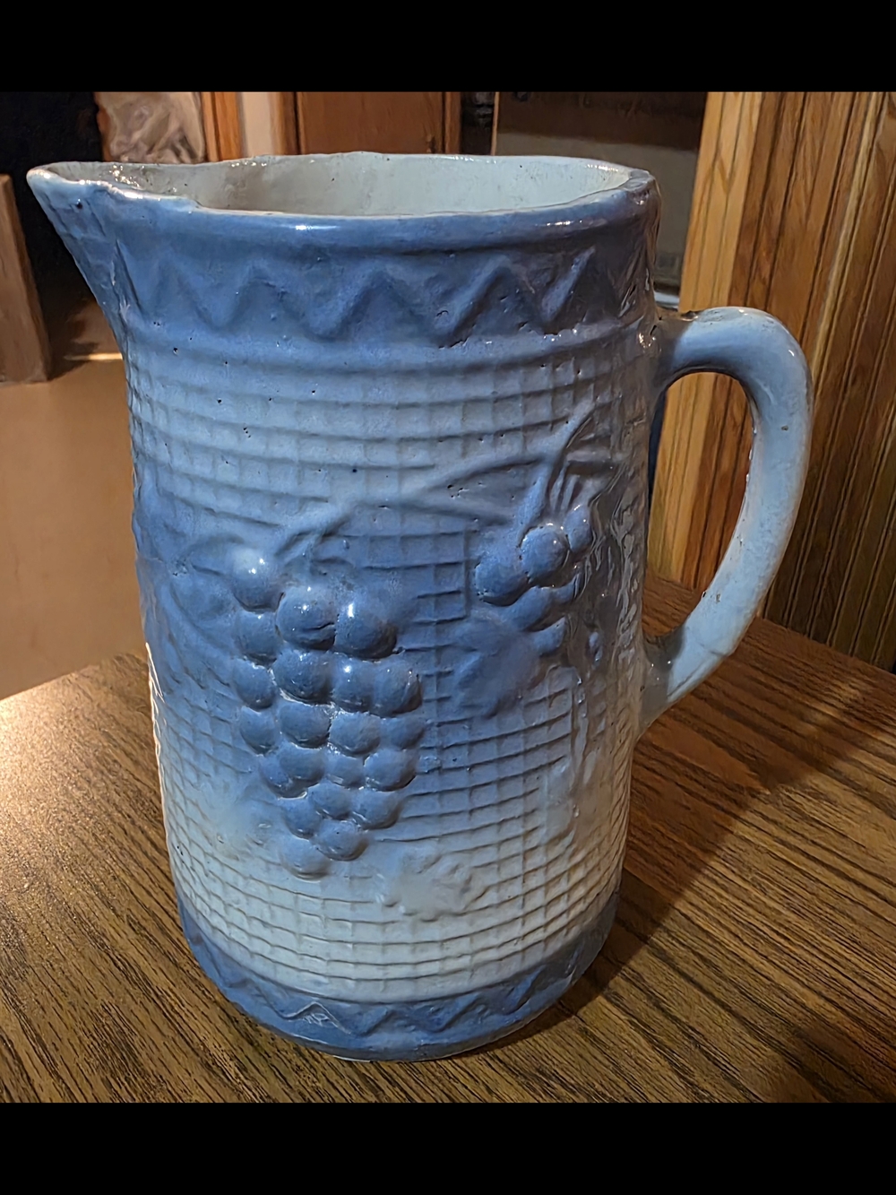 Antique Salt Glazed Blue  Grape Stoneware  Pitcher - Decorative Home Art - Picture 2 of 6
